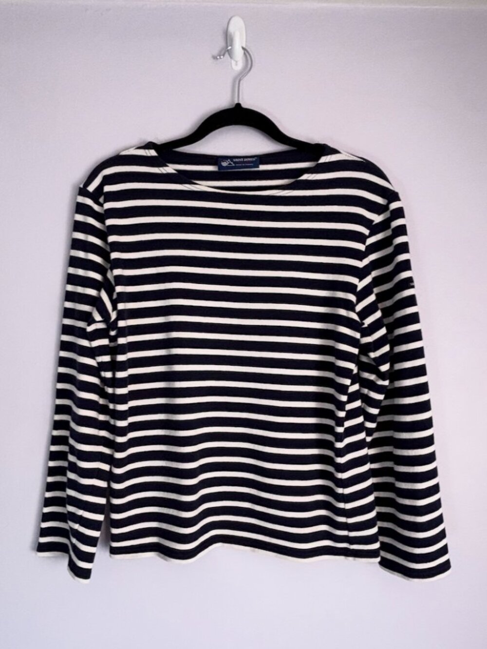 Saint James Boat Neck Navy Blue White Striped Long Sleeve Shirt Sz. L